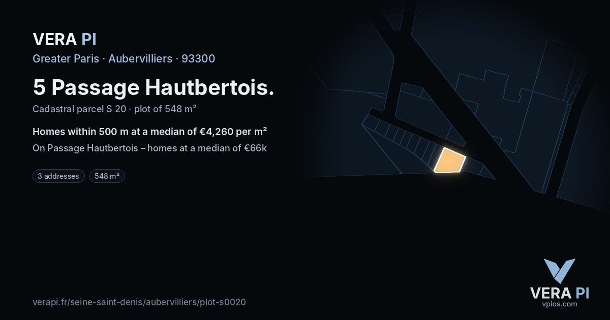 5 Passage Hautbertois, Aubervilliers at night – the plot lit, the parcels around coloured by the prices near them