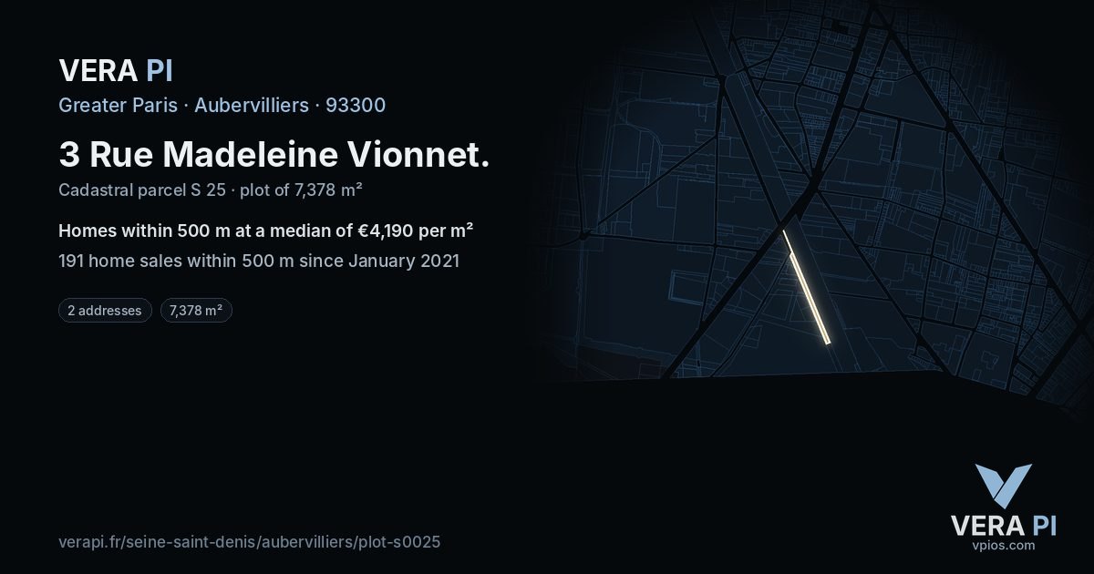 3 Rue Madeleine Vionnet, Aubervilliers at night – the plot lit, the parcels around coloured by the prices near them