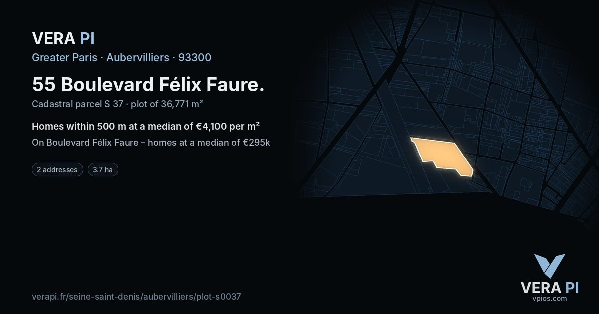 55 Boulevard Félix Faure, Aubervilliers at night – the plot lit, the parcels around coloured by the prices near them