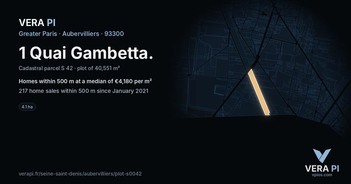 1 Quai Gambetta, Aubervilliers at night – the plot lit, the parcels around coloured by the prices near them