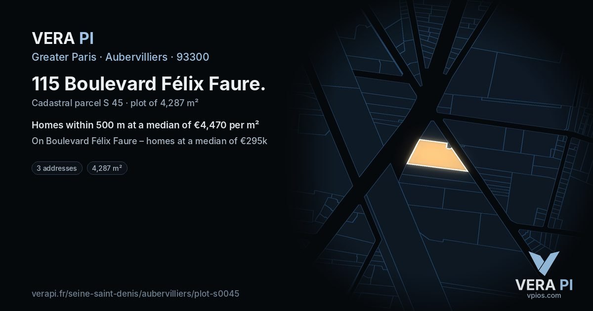 115 Boulevard Félix Faure, Aubervilliers at night – the plot lit, the parcels around coloured by the prices near them