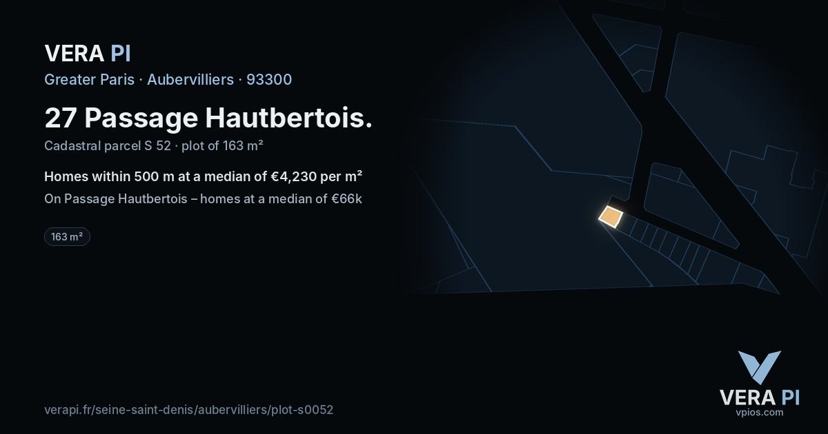 27 Passage Hautbertois, Aubervilliers at night – the plot lit, the parcels around coloured by the prices near them