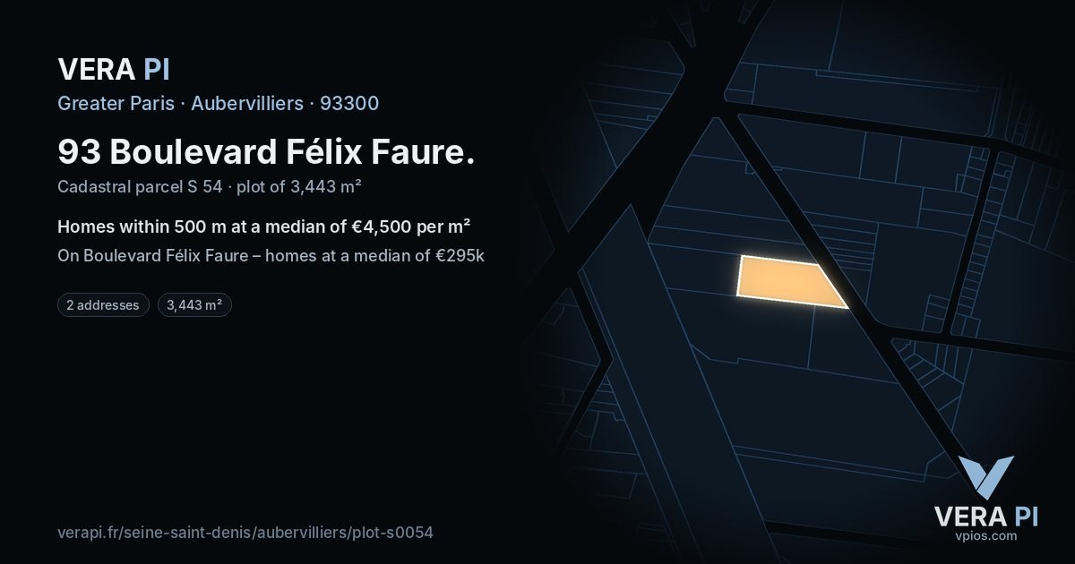 93 Boulevard Félix Faure, Aubervilliers at night – the plot lit, the parcels around coloured by the prices near them