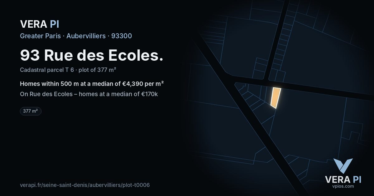 93 Rue des Ecoles, Aubervilliers at night – the plot lit, the parcels around coloured by the prices near them