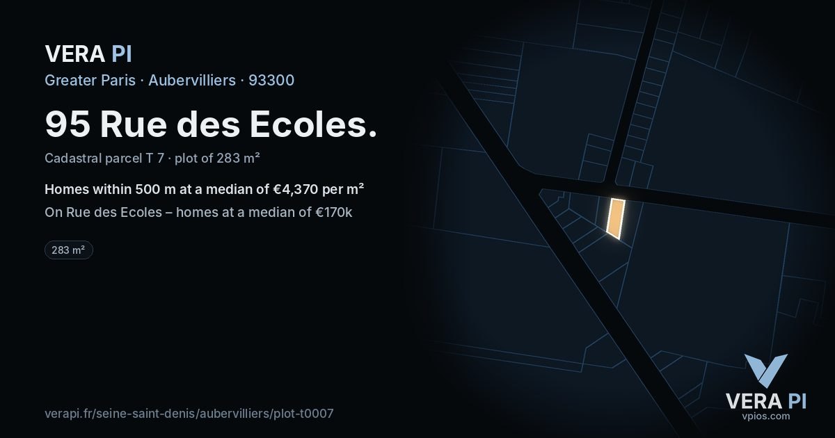 95 Rue des Ecoles, Aubervilliers at night – the plot lit, the parcels around coloured by the prices near them