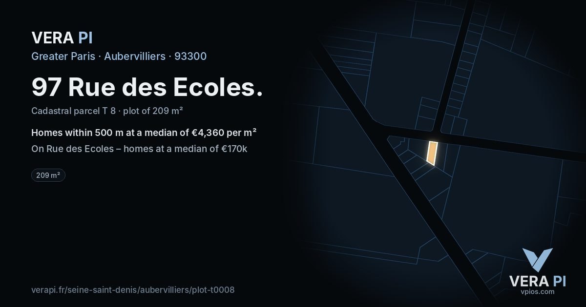 97 Rue des Ecoles, Aubervilliers at night – the plot lit, the parcels around coloured by the prices near them
