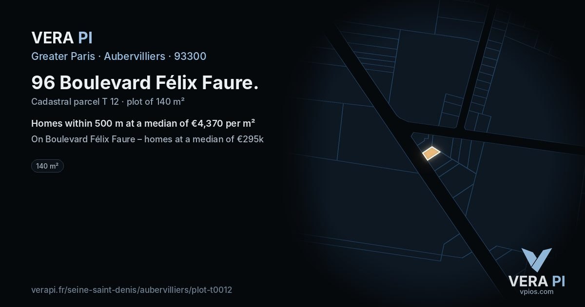 96 Boulevard Félix Faure, Aubervilliers at night – the plot lit, the parcels around coloured by the prices near them