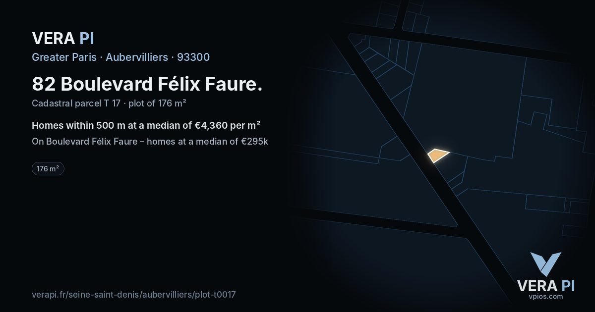 82 Boulevard Félix Faure, Aubervilliers at night – the plot lit, the parcels around coloured by the prices near them