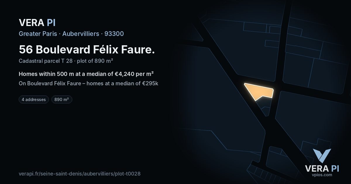 56 Boulevard Félix Faure, Aubervilliers at night – the plot lit, the parcels around coloured by the prices near them