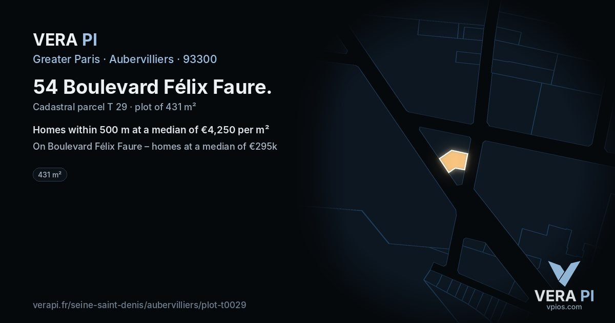 54 Boulevard Félix Faure, Aubervilliers at night – the plot lit, the parcels around coloured by the prices near them