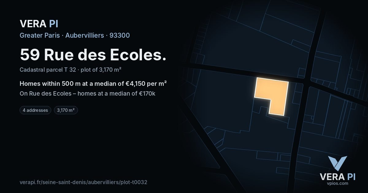 59 Rue des Ecoles, Aubervilliers at night – the plot lit, the parcels around coloured by the prices near them