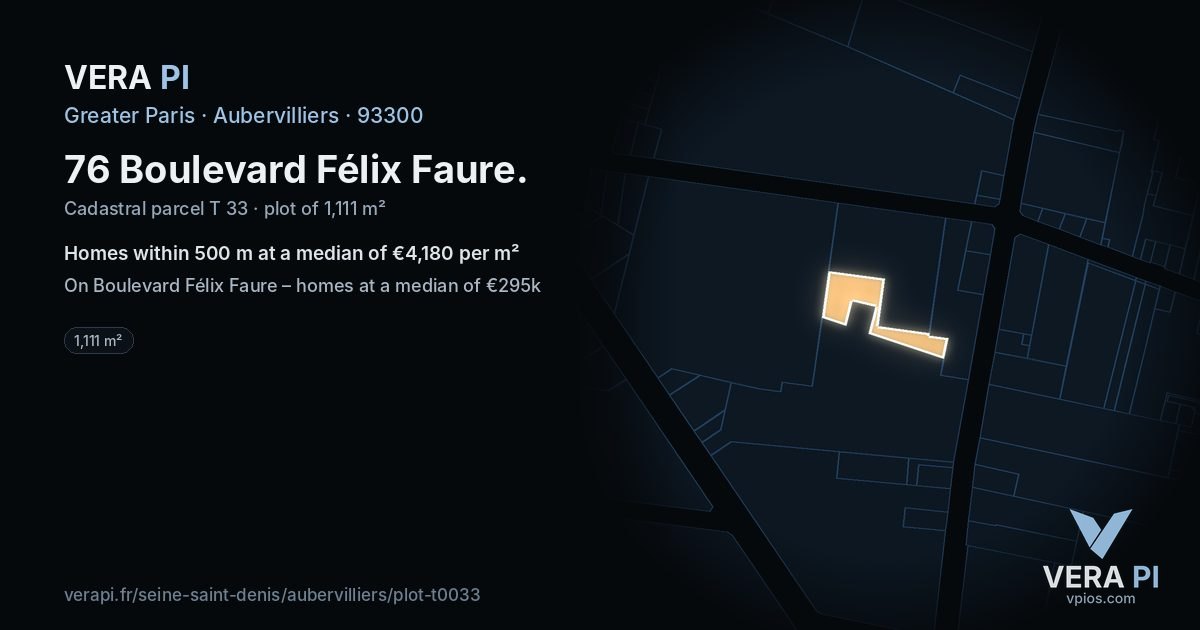 76 Boulevard Félix Faure, Aubervilliers at night – the plot lit, the parcels around coloured by the prices near them