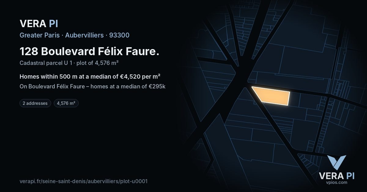 128 Boulevard Félix Faure, Aubervilliers at night – the plot lit, the parcels around coloured by the prices near them