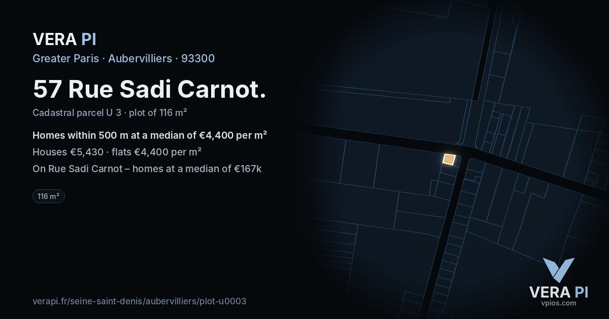 57 Rue Sadi Carnot, Aubervilliers at night – the plot lit, the parcels around coloured by the prices near them