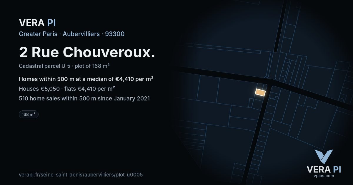 2 Rue Chouveroux, Aubervilliers at night – the plot lit, the parcels around coloured by the prices near them