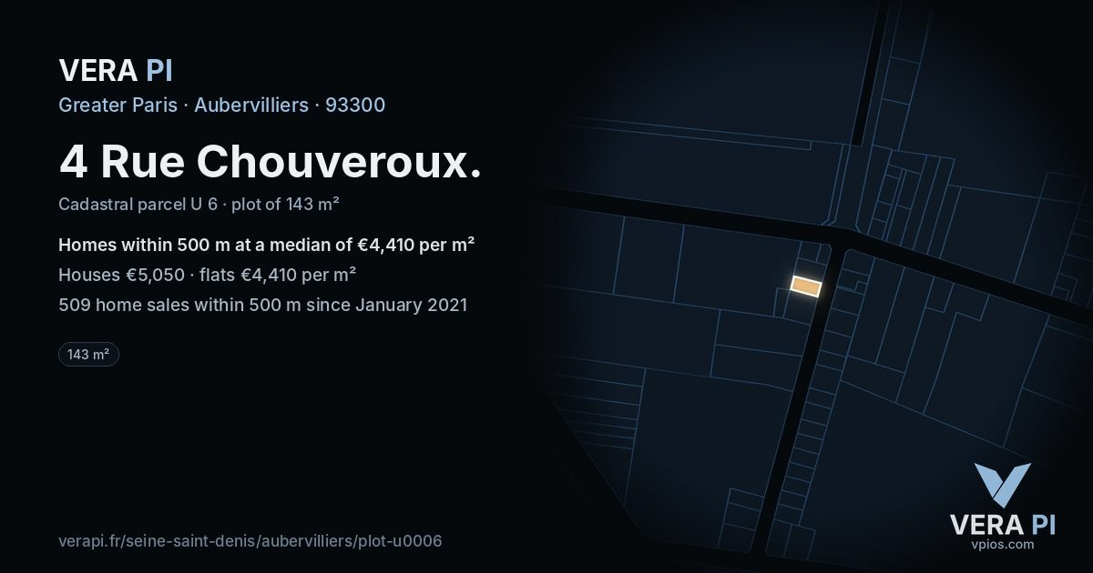 4 Rue Chouveroux, Aubervilliers at night – the plot lit, the parcels around coloured by the prices near them
