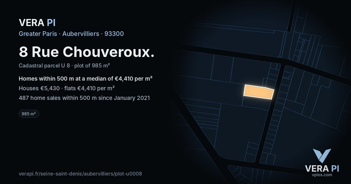 8 Rue Chouveroux, Aubervilliers at night – the plot lit, the parcels around coloured by the prices near them