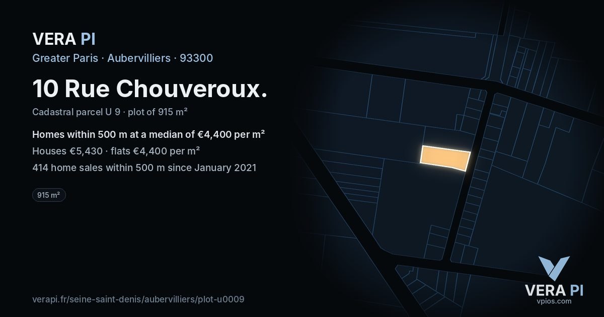 10 Rue Chouveroux, Aubervilliers at night – the plot lit, the parcels around coloured by the prices near them