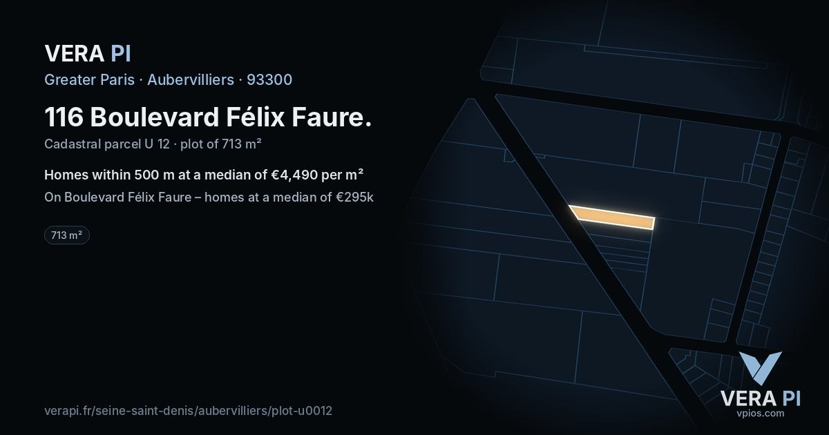 116 Boulevard Félix Faure, Aubervilliers at night – the plot lit, the parcels around coloured by the prices near them