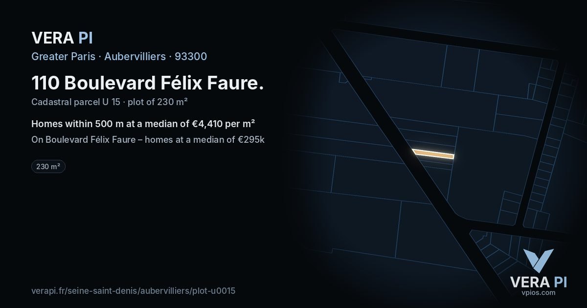 110 Boulevard Félix Faure, Aubervilliers at night – the plot lit, the parcels around coloured by the prices near them