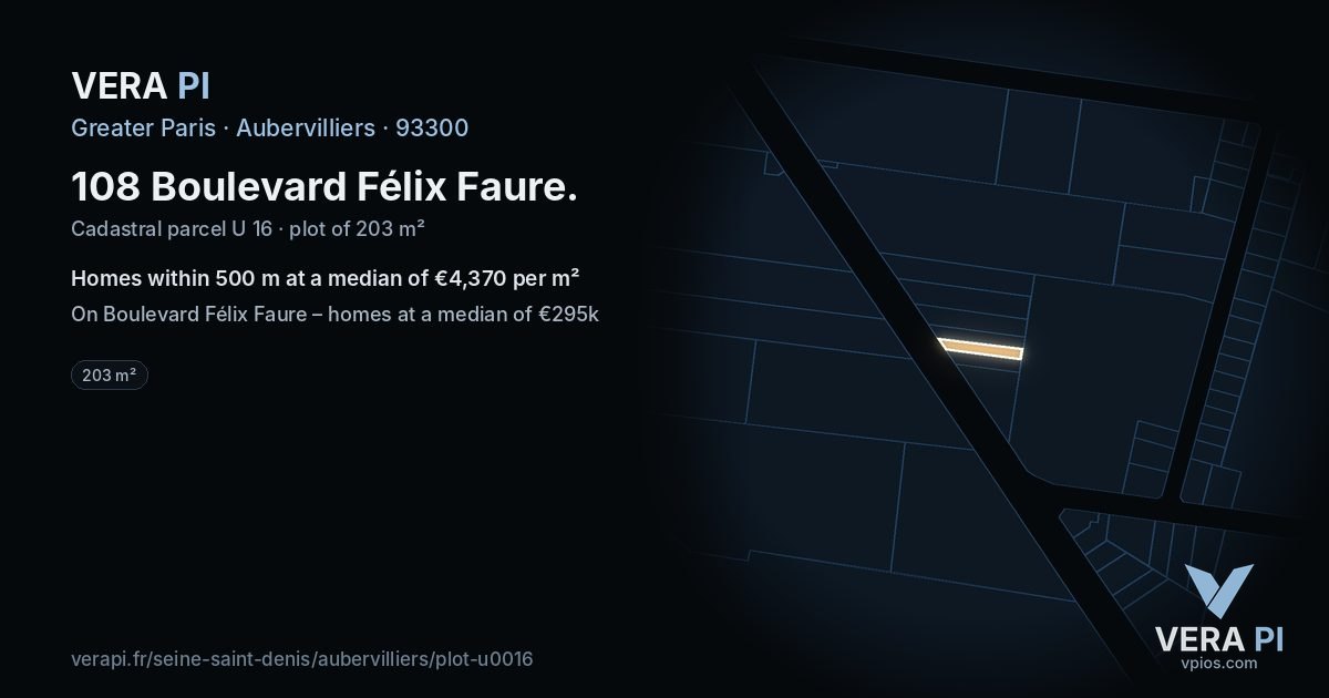 108 Boulevard Félix Faure, Aubervilliers at night – the plot lit, the parcels around coloured by the prices near them