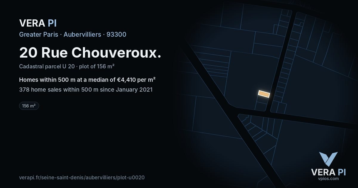 20 Rue Chouveroux, Aubervilliers at night – the plot lit, the parcels around coloured by the prices near them