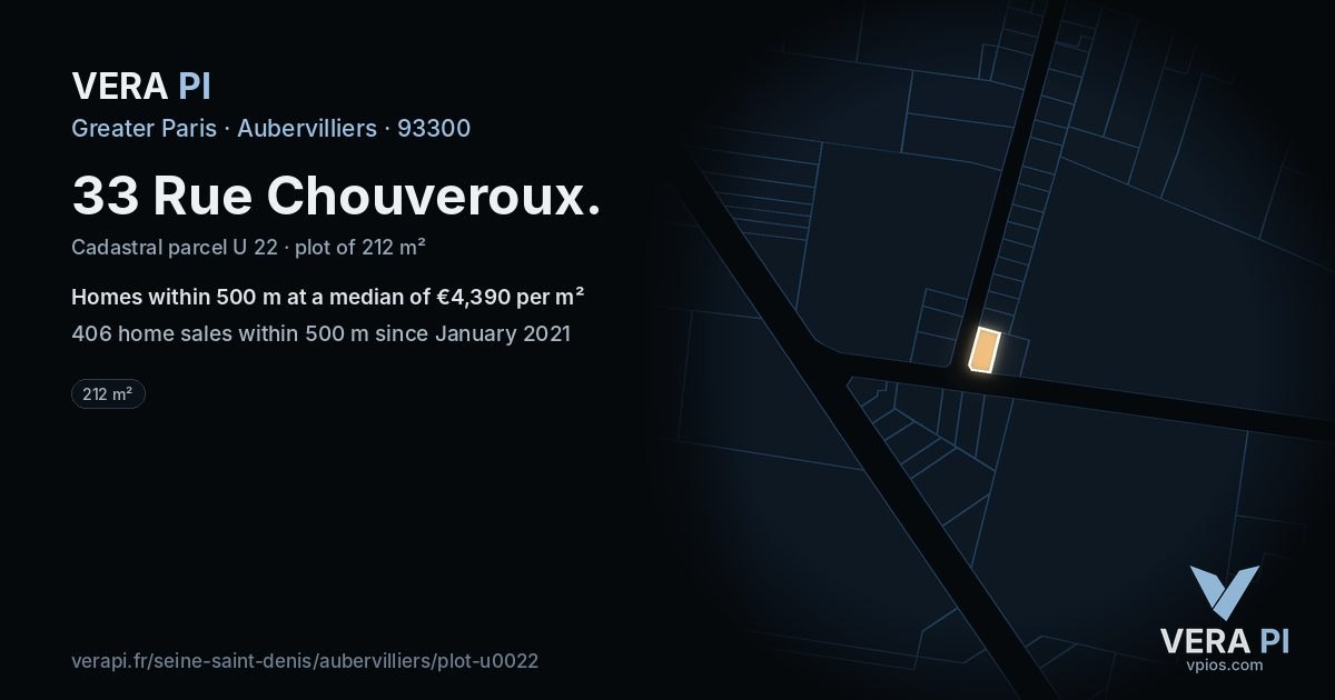 33 Rue Chouveroux, Aubervilliers at night – the plot lit, the parcels around coloured by the prices near them