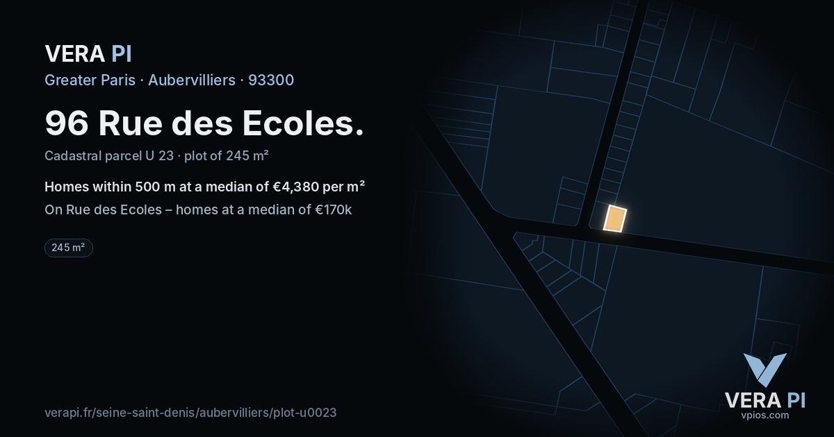 96 Rue des Ecoles, Aubervilliers at night – the plot lit, the parcels around coloured by the prices near them