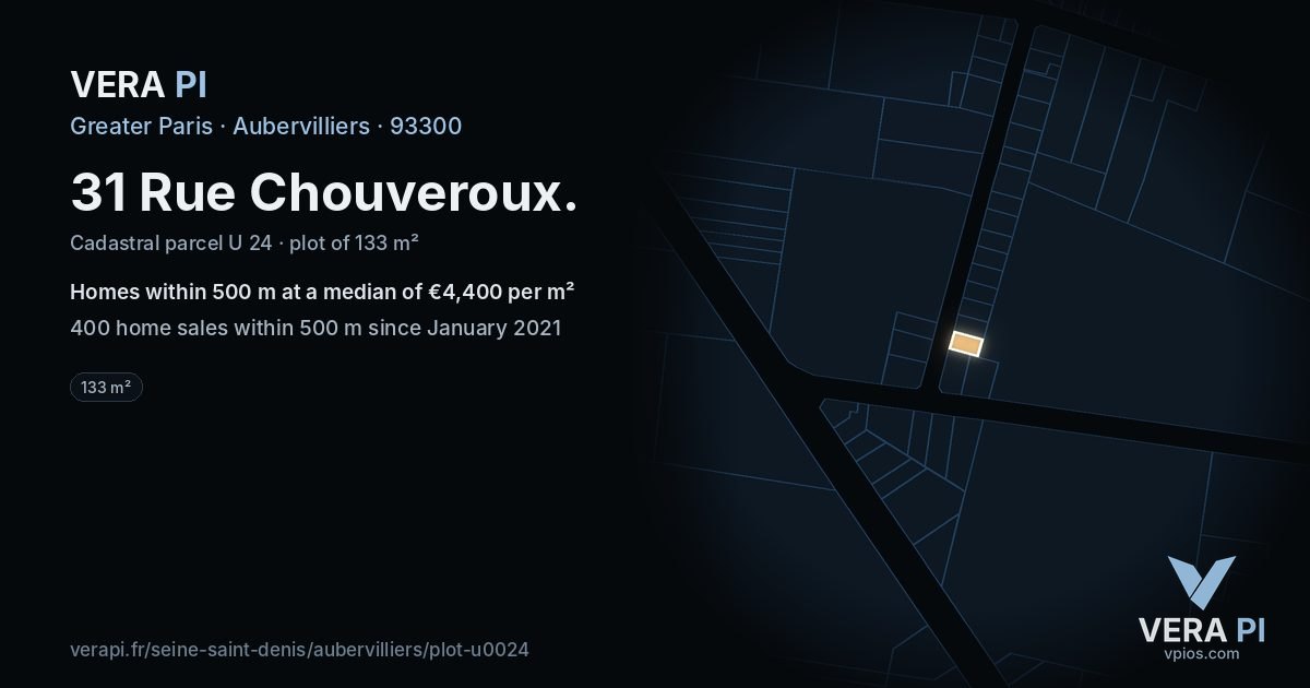 31 Rue Chouveroux, Aubervilliers at night – the plot lit, the parcels around coloured by the prices near them