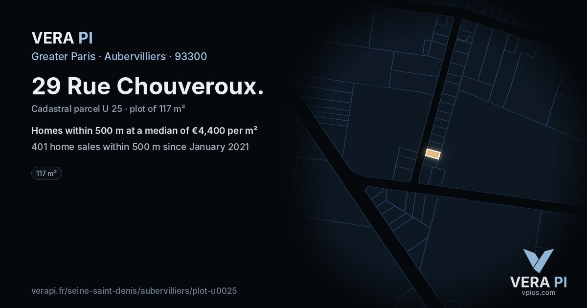 29 Rue Chouveroux, Aubervilliers at night – the plot lit, the parcels around coloured by the prices near them