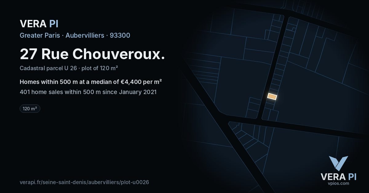 27 Rue Chouveroux, Aubervilliers at night – the plot lit, the parcels around coloured by the prices near them