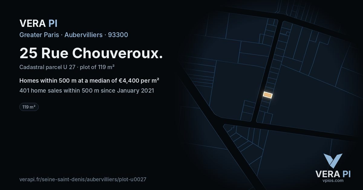 25 Rue Chouveroux, Aubervilliers at night – the plot lit, the parcels around coloured by the prices near them