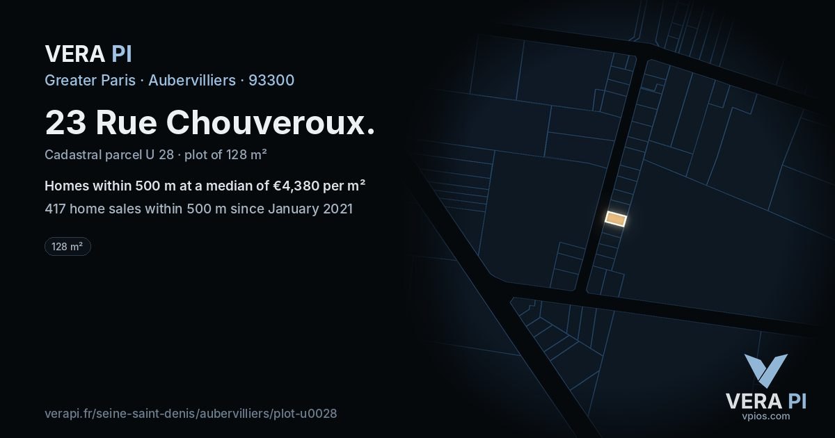 23 Rue Chouveroux, Aubervilliers at night – the plot lit, the parcels around coloured by the prices near them