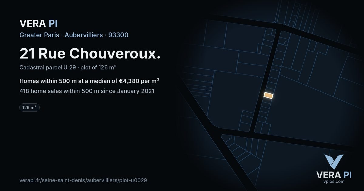 21 Rue Chouveroux, Aubervilliers at night – the plot lit, the parcels around coloured by the prices near them
