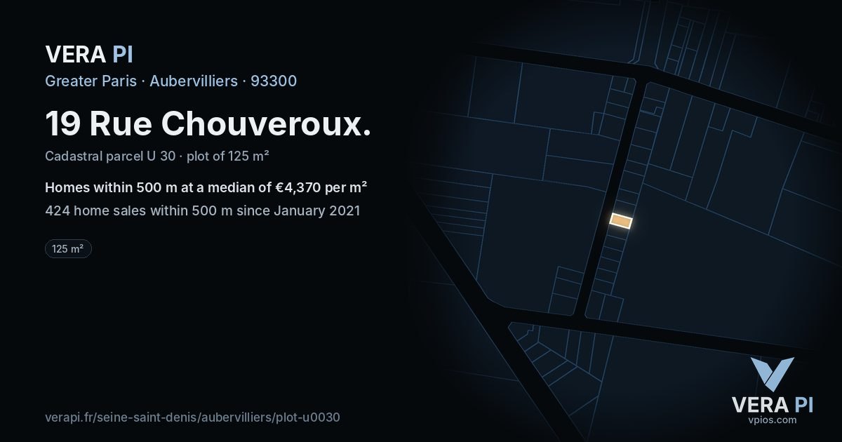 19 Rue Chouveroux, Aubervilliers at night – the plot lit, the parcels around coloured by the prices near them