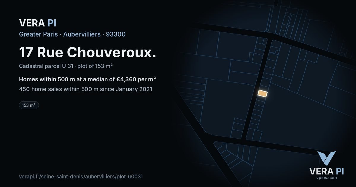 17 Rue Chouveroux, Aubervilliers at night – the plot lit, the parcels around coloured by the prices near them