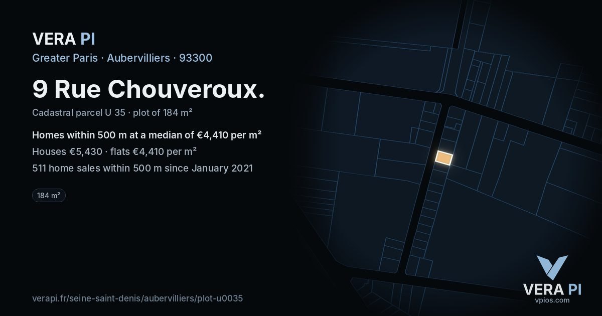 9 Rue Chouveroux, Aubervilliers at night – the plot lit, the parcels around coloured by the prices near them