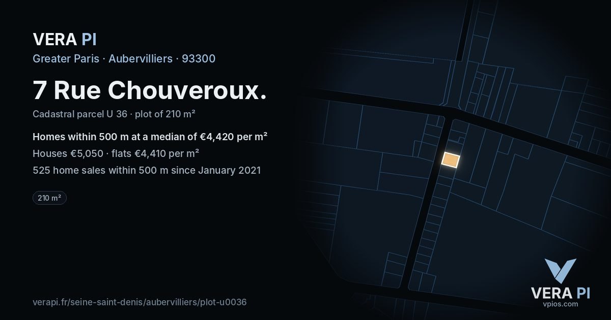 7 Rue Chouveroux, Aubervilliers at night – the plot lit, the parcels around coloured by the prices near them