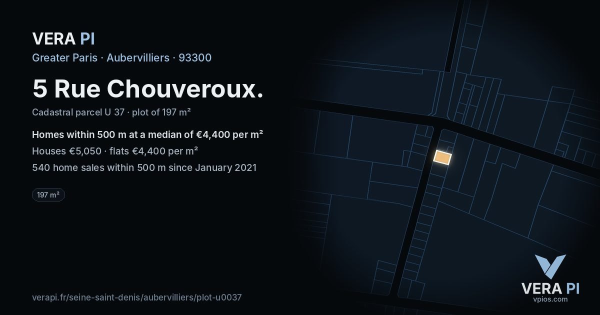 5 Rue Chouveroux, Aubervilliers at night – the plot lit, the parcels around coloured by the prices near them