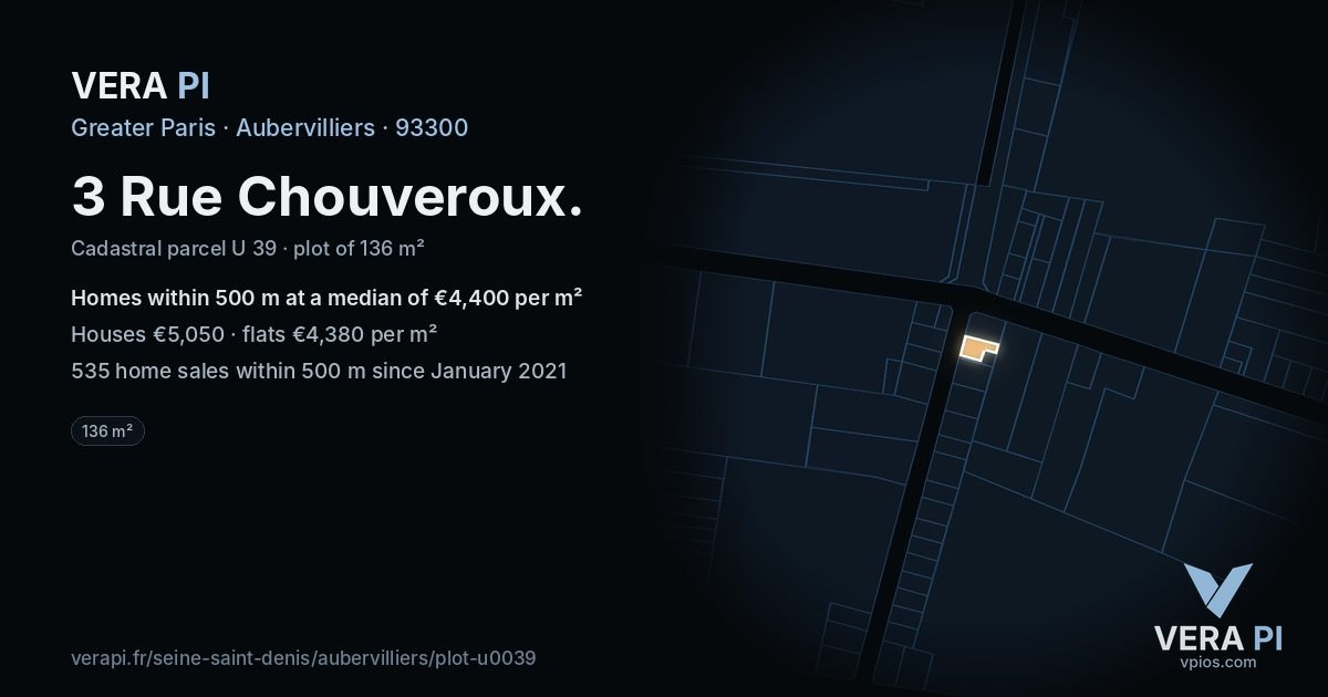 3 Rue Chouveroux, Aubervilliers at night – the plot lit, the parcels around coloured by the prices near them