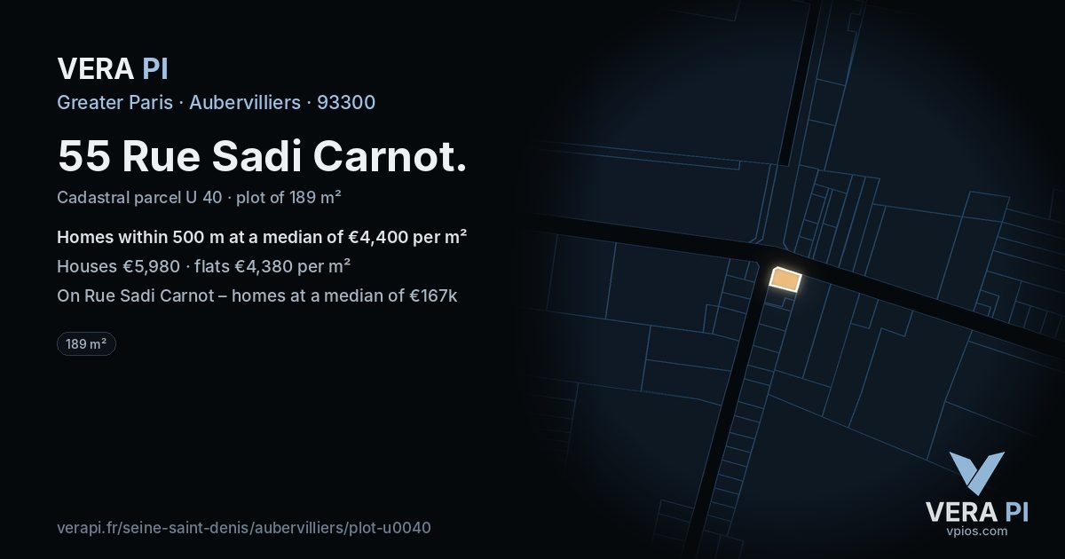 55 Rue Sadi Carnot, Aubervilliers at night – the plot lit, the parcels around coloured by the prices near them