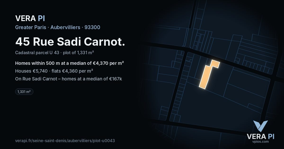45 Rue Sadi Carnot, Aubervilliers at night – the plot lit, the parcels around coloured by the prices near them