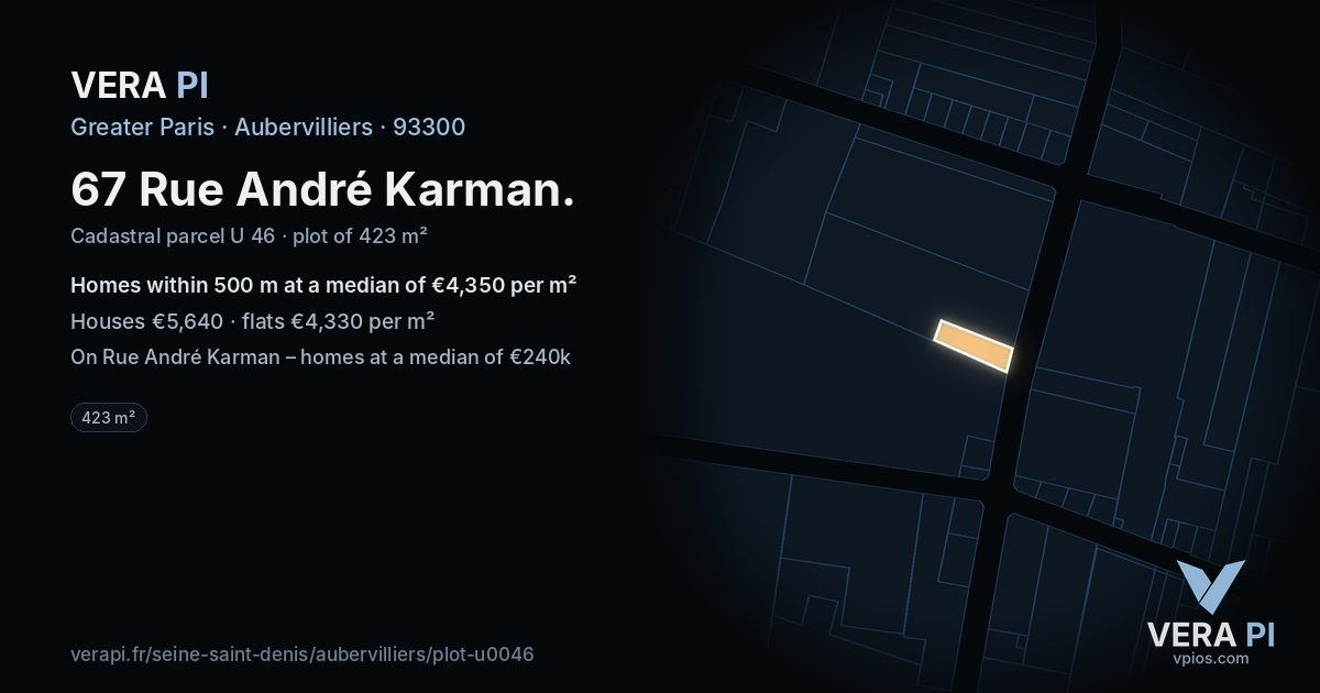 67 Rue André Karman, Aubervilliers at night – the plot lit, the parcels around coloured by the prices near them