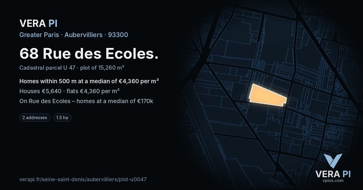 68 Rue des Ecoles, Aubervilliers at night – the plot lit, the parcels around coloured by the prices near them