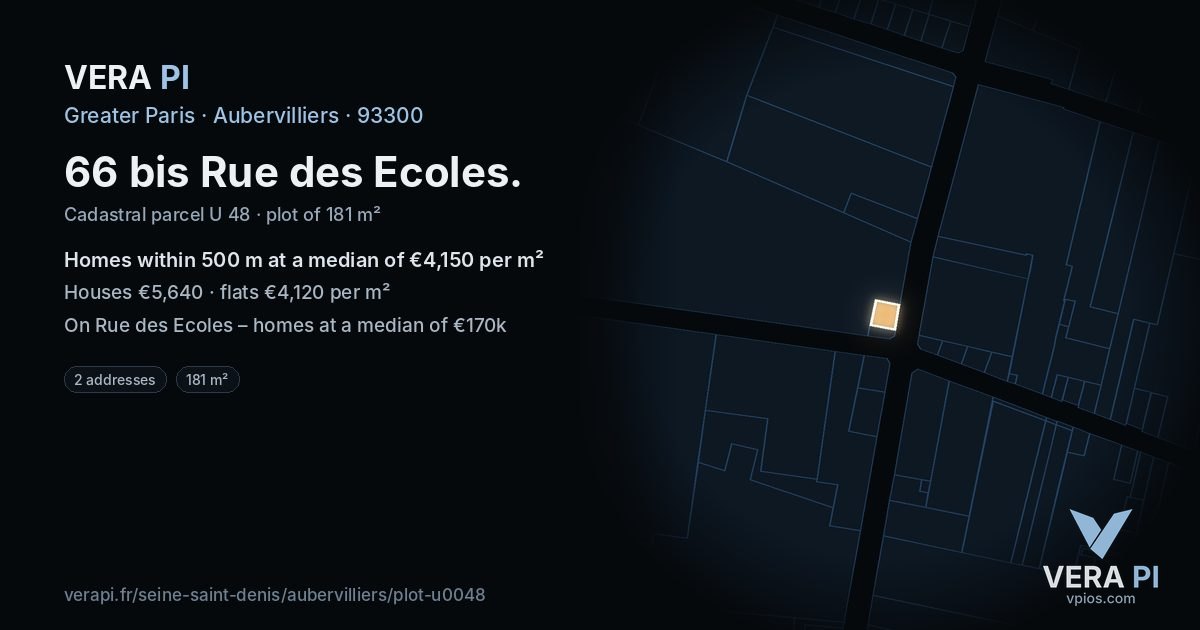 66 bis Rue des Ecoles, Aubervilliers at night – the plot lit, the parcels around coloured by the prices near them