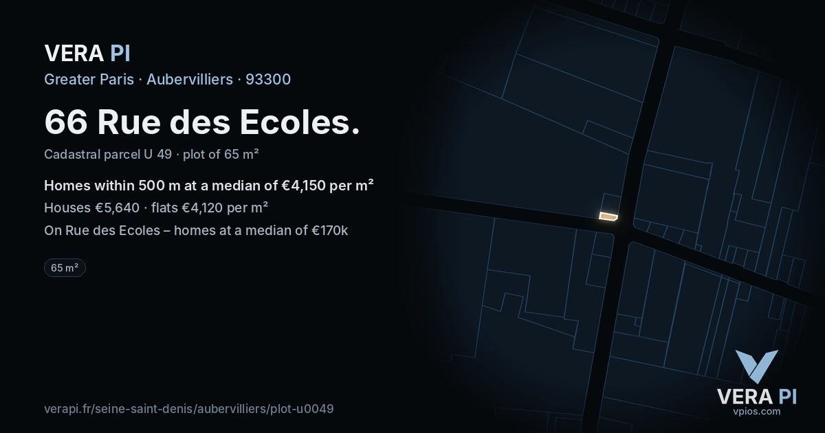 66 Rue des Ecoles, Aubervilliers at night – the plot lit, the parcels around coloured by the prices near them