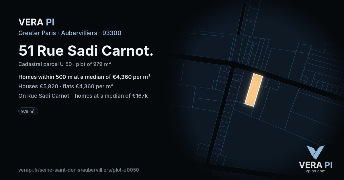 51 Rue Sadi Carnot, Aubervilliers at night – the plot lit, the parcels around coloured by the prices near them