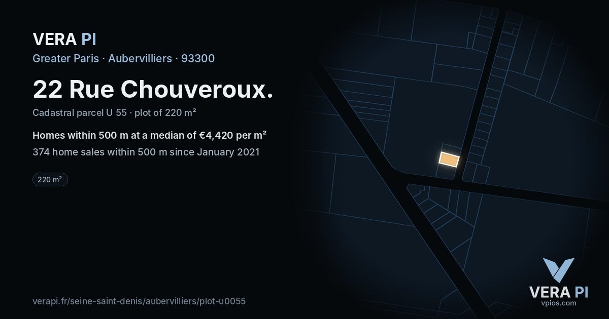 22 Rue Chouveroux, Aubervilliers at night – the plot lit, the parcels around coloured by the prices near them
