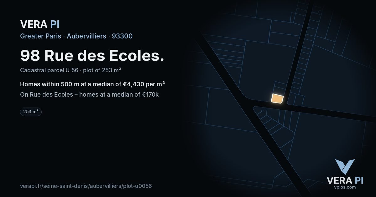98 Rue des Ecoles, Aubervilliers at night – the plot lit, the parcels around coloured by the prices near them