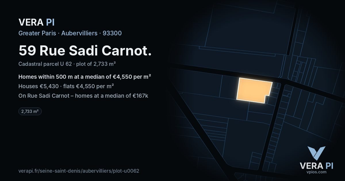 59 Rue Sadi Carnot, Aubervilliers at night – the plot lit, the parcels around coloured by the prices near them
